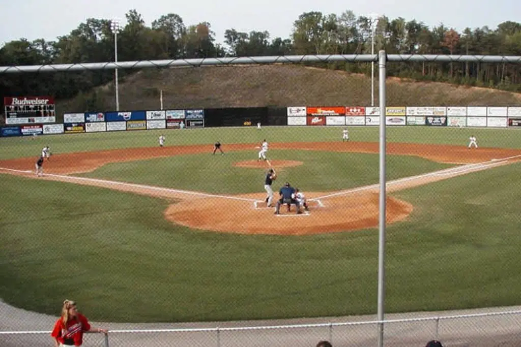 View of the baseball field from the seat behind home plate.