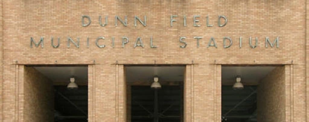 Dunn Field Municipal Stadium sign above the entrance.