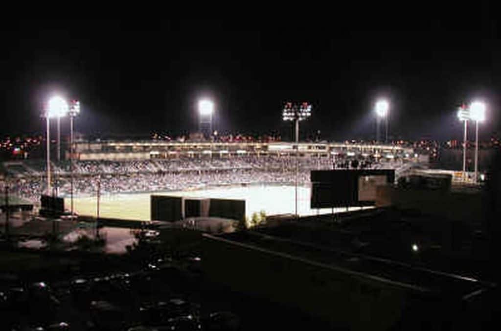Chukchansi Park in the evening from above with floodlights.