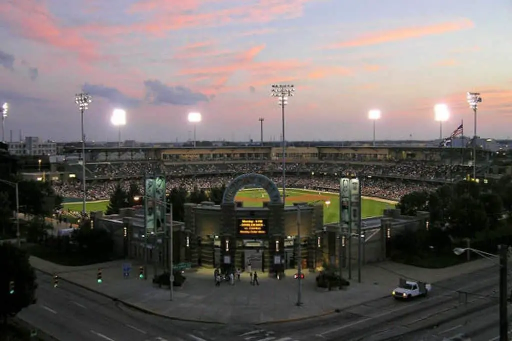 Victory Field stadium entrance from afar.