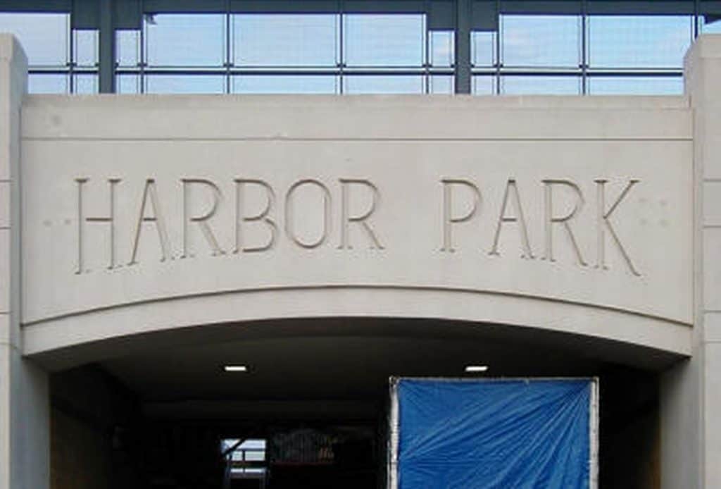 Harbor Park sign above entrance.