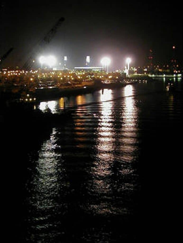 View across the Elizabeth River towards Harbor Park in the evening.