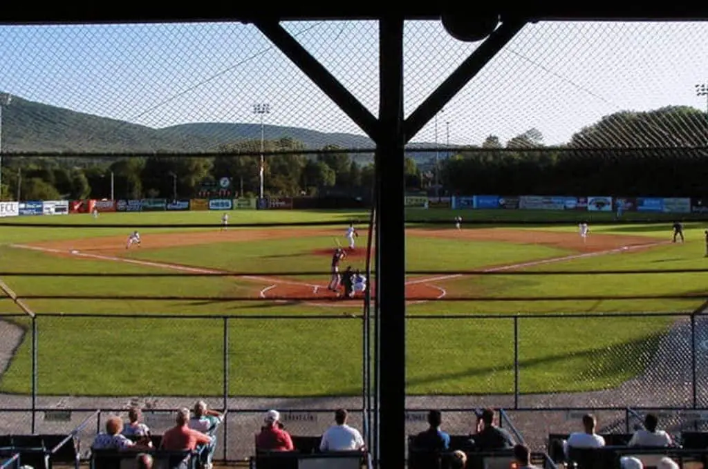 View of the baseball field from seats behind home plate.