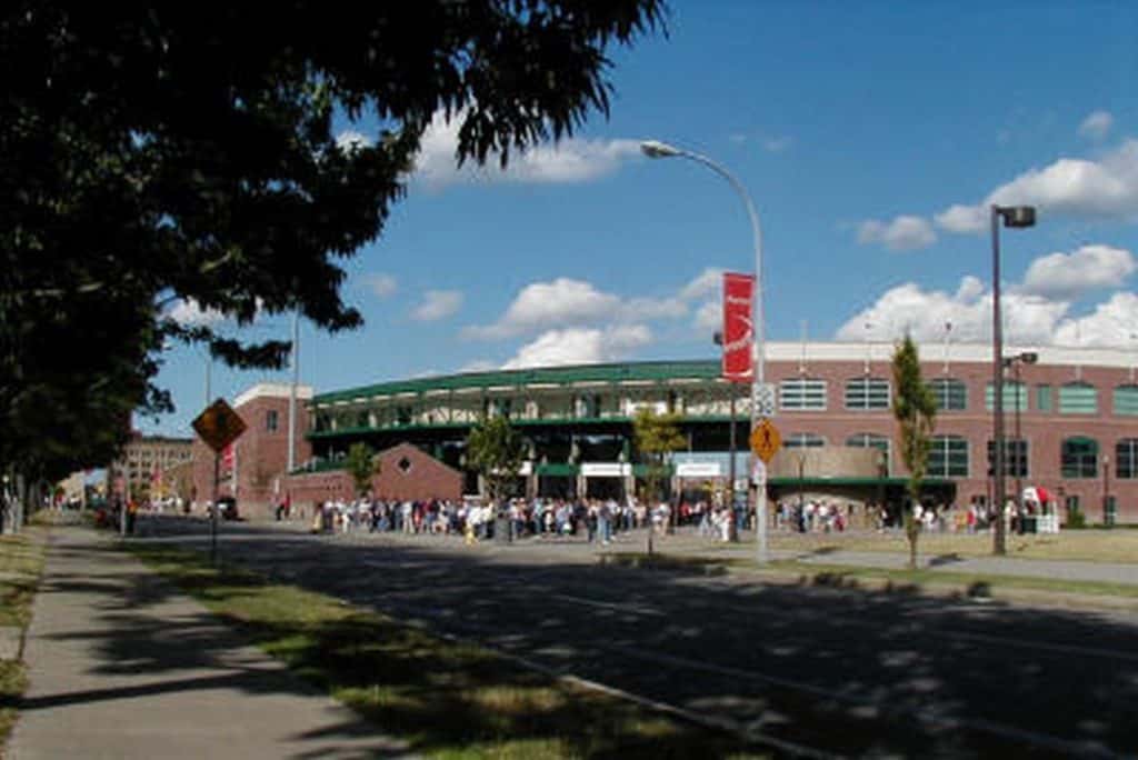 Frontier Field stadium entrance from afar.