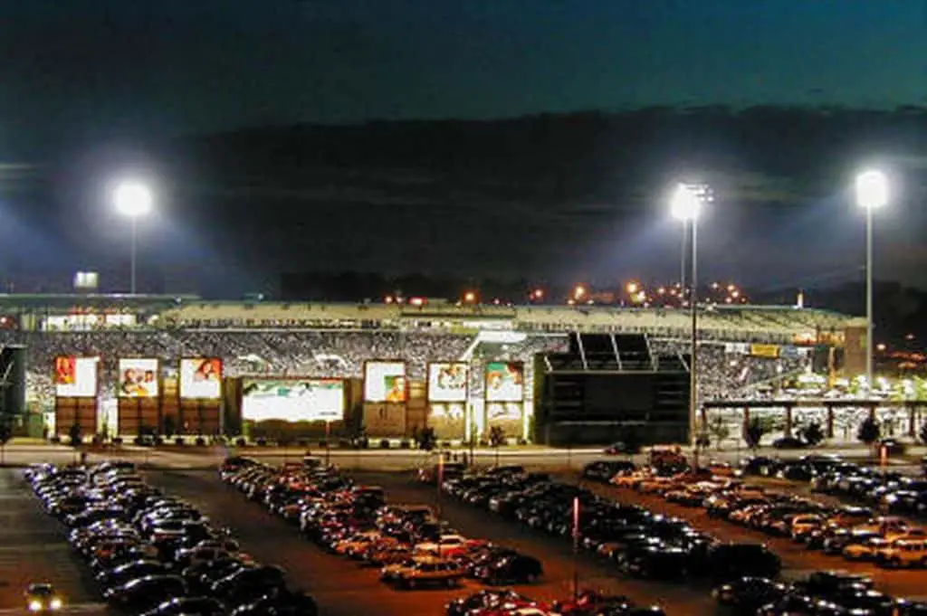 Frontier Field stadium parking lot in the evening light.