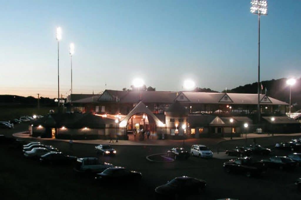 Parking lot in front of Bowman Field in the evening.