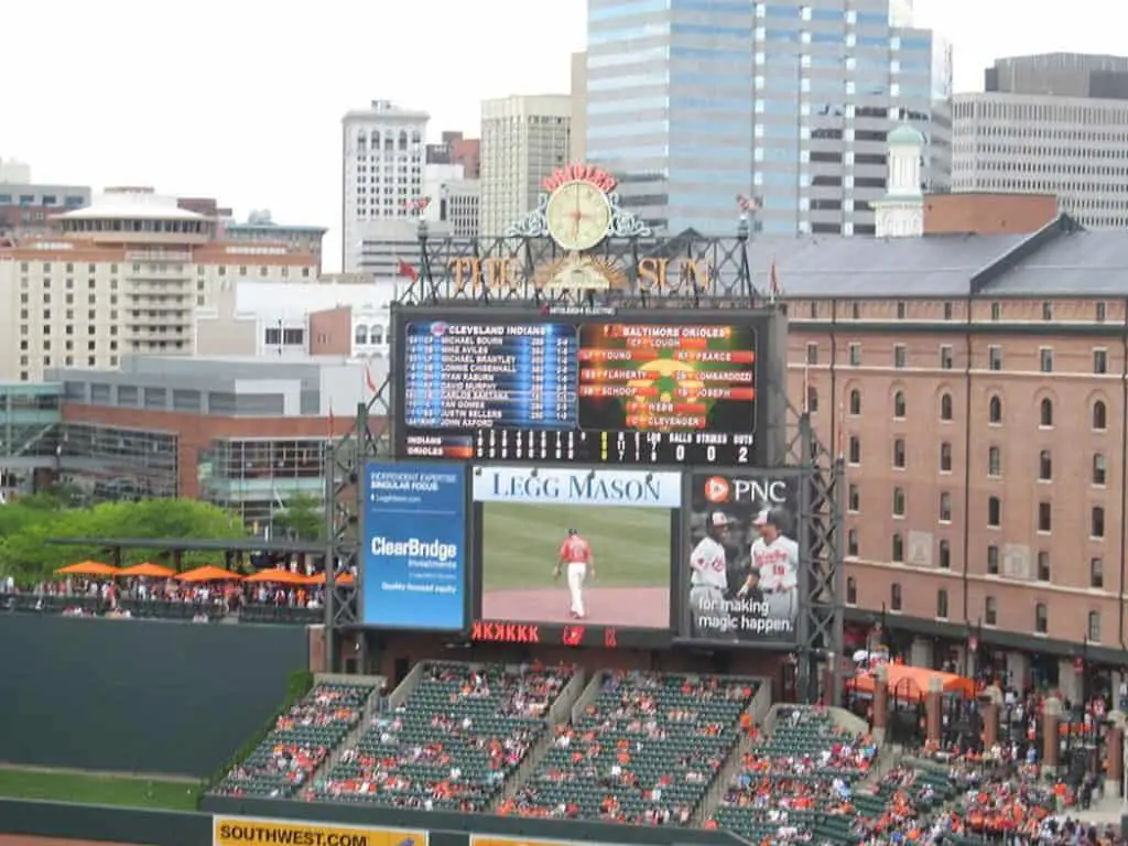 Modern baseball scoreboard at Oriole Park in Camden Yards