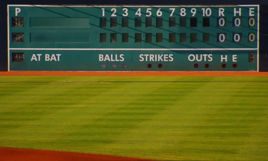 Baseball scoreboard with additional information.