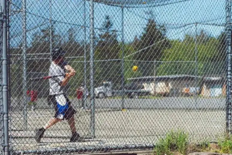 Batter in the batting cage tries to hit a ball.