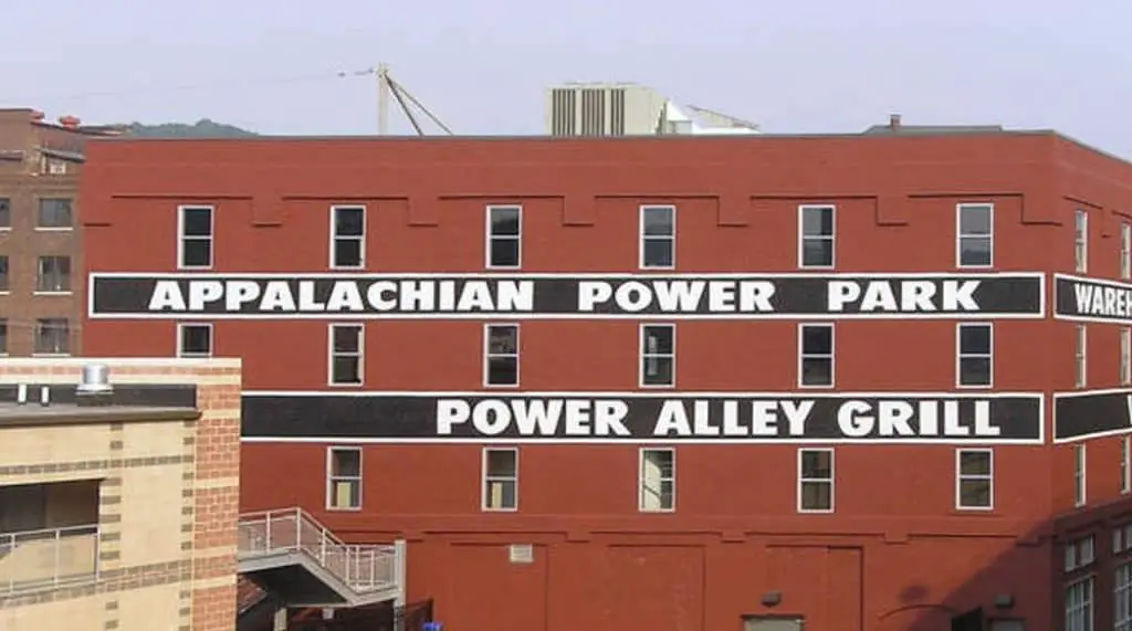 "Appalachian Power Park" lettering on building.