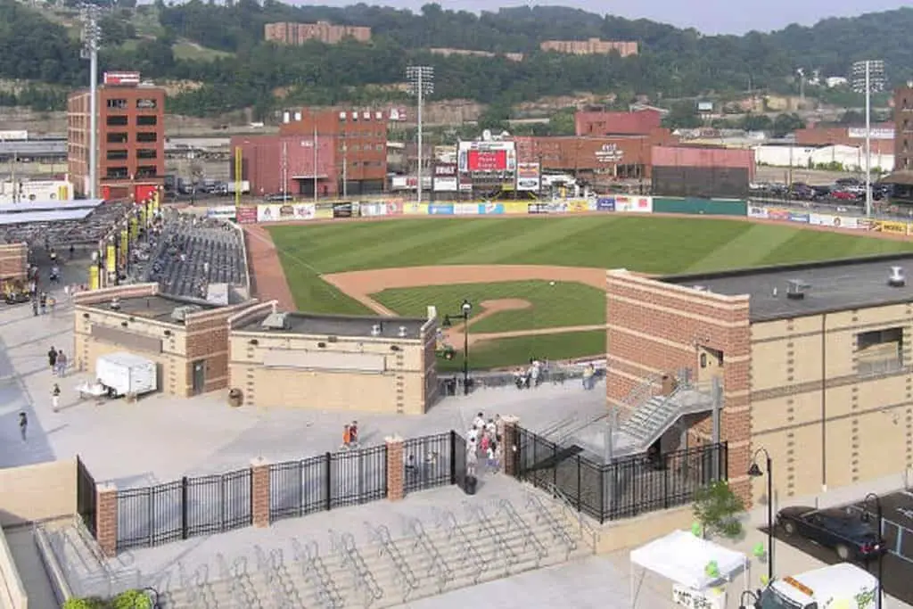 View of baseball field from taller building outside.