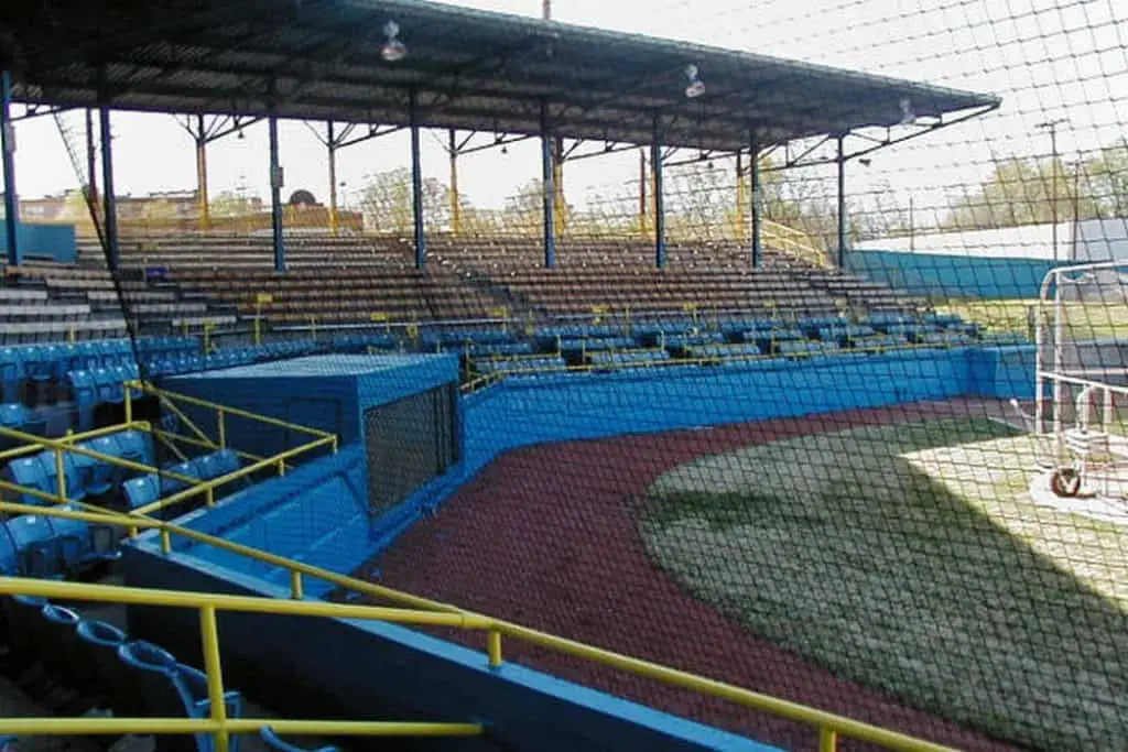 View of empty rows of seats through mesh protection
