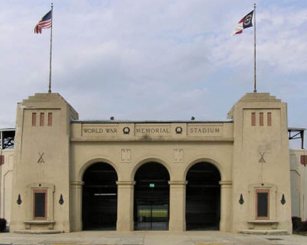 Front view of the World War Memorial Stadium from the outside.