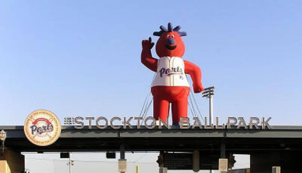 Close-up of life-size Stockton Ports mascot above ballpark entrance.