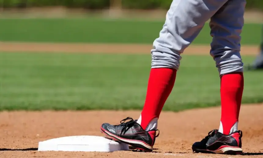 Close-up of a baseball player wearing cleats.