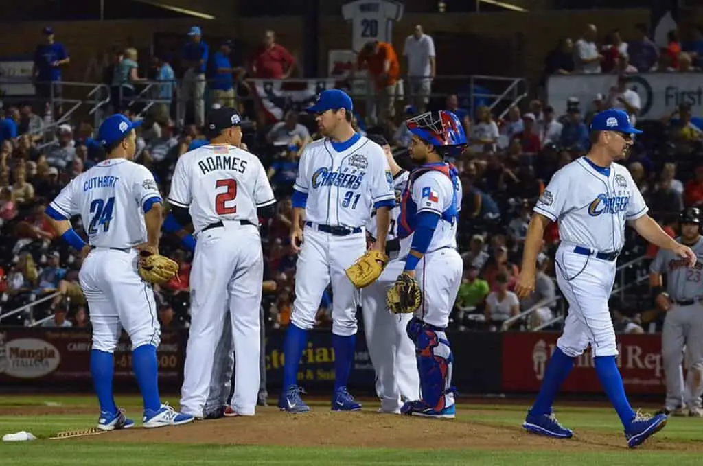 Players met before a AAA Baseball game.