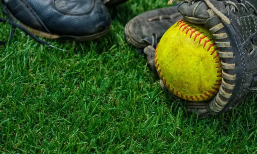 Softball cleats lie on the green.