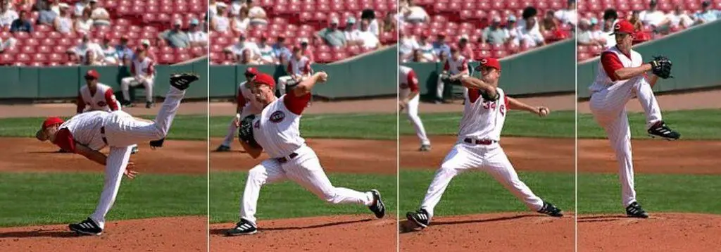 Photo sequence of a baseball player pitching a ball overhand.