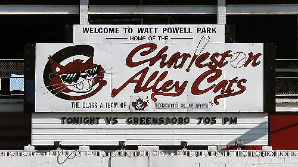 Watt Powell Park sign mentioning the Charleston Alley Cats.