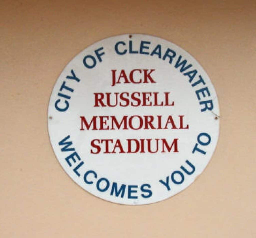 Jack Russell Memorial Stadium sign on a wall.