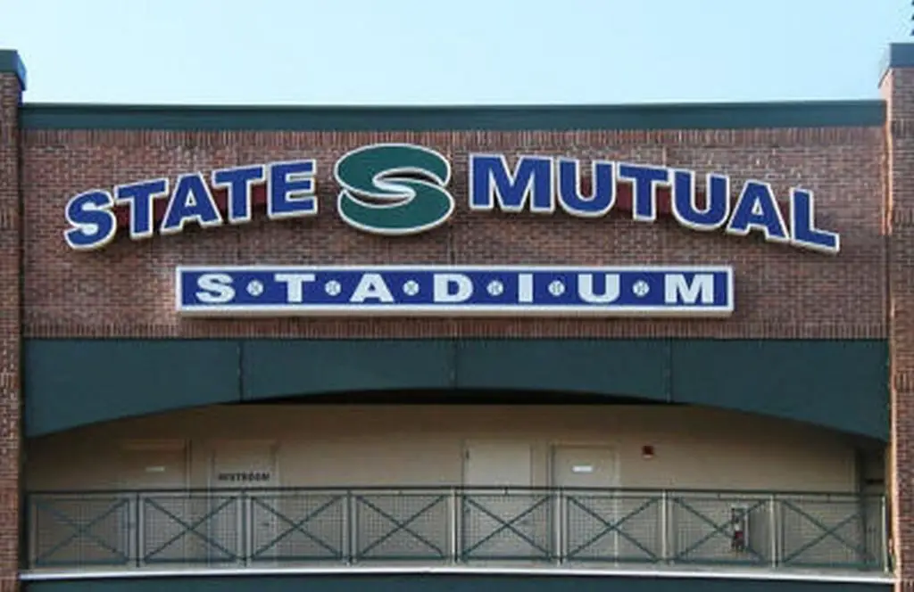 State Mutual Stadium sign over the entrance.