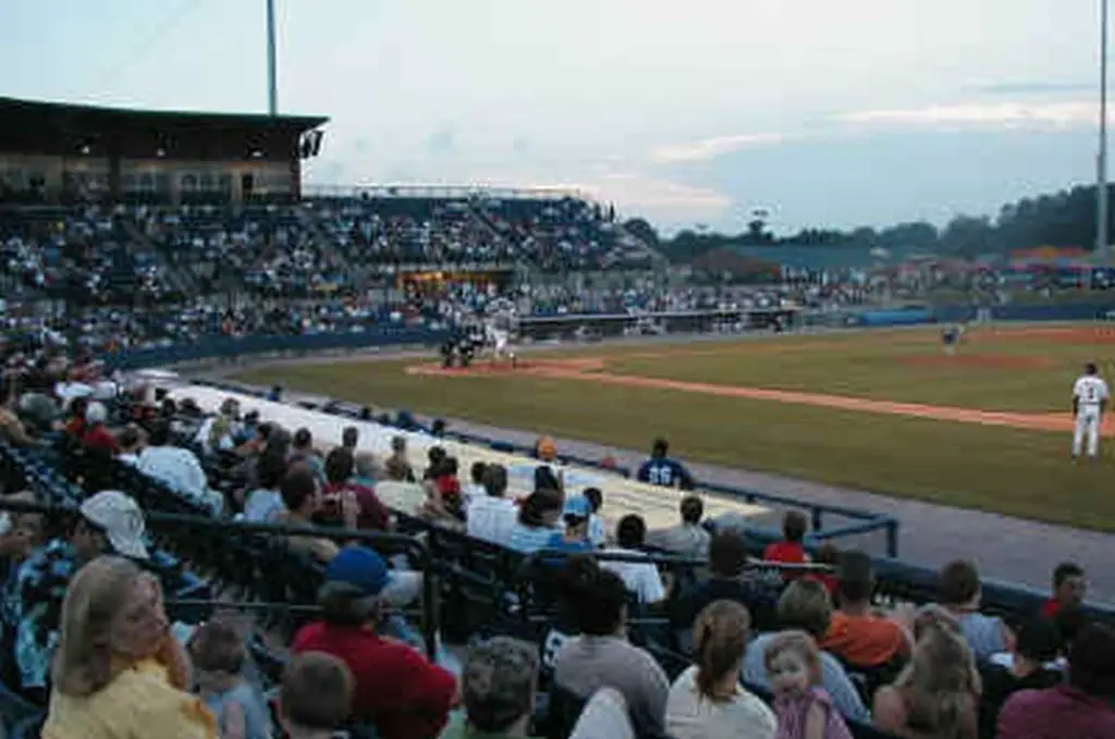 View of the seats and playing field at State Mutual Stadium.