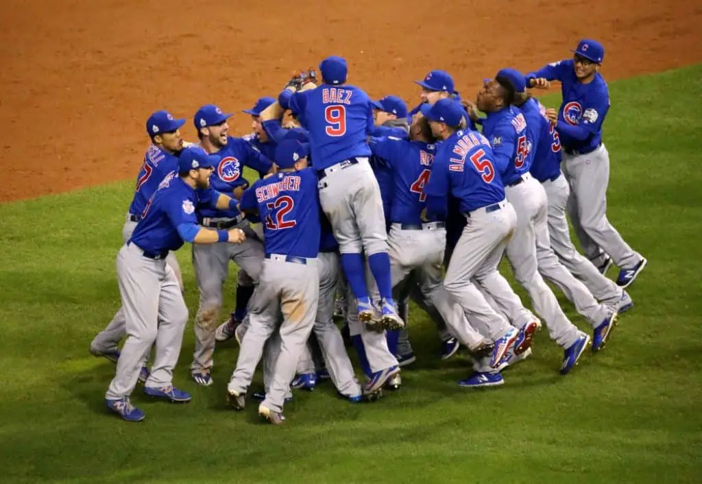 The Cubs celebrate after winning the 2016 World Series..