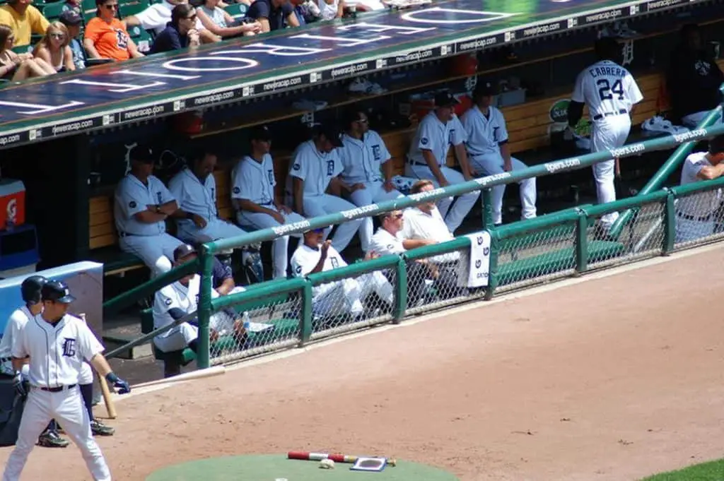 Players in the dugout of the detroit tigers.