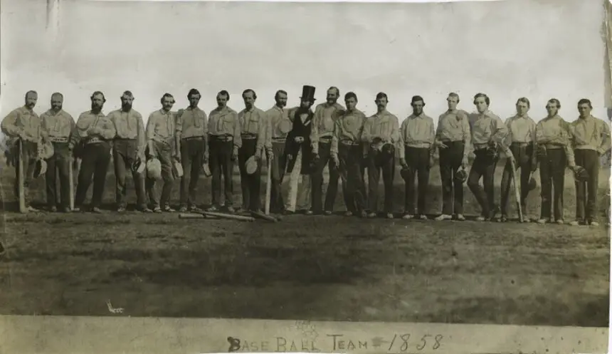 New York Knickerbockers from 1858 with long baseball pants.